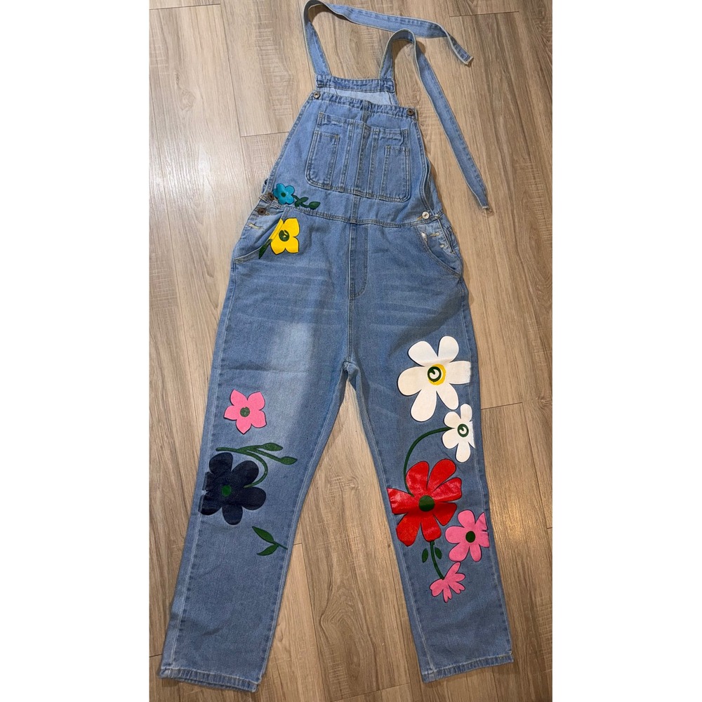 Floral Painted Denim Overalls Blue Light Wash Straight Leg No Buckle Large